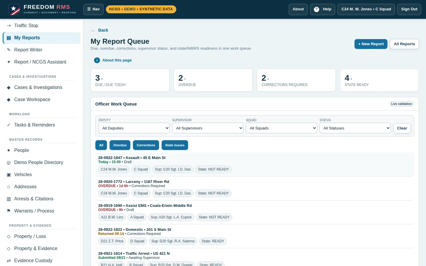 My Reports queue listing a deputy's reports by status