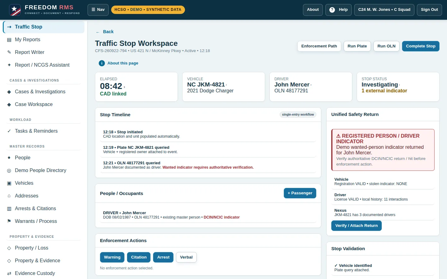 Traffic stop workspace with elapsed time, vehicle, driver, stop timeline and safety return